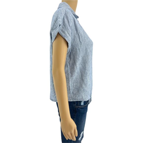 Weatherproof (S) Blue Pinstripe Washable Linen Cap Sleeve Knot Tie Crop Top - Picture 4 of 6